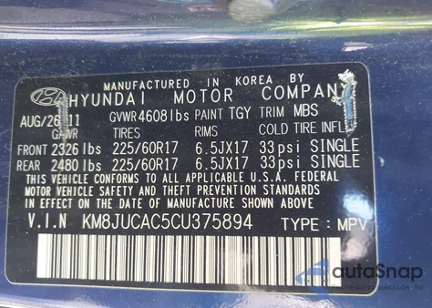 2012 Hyundai Tucson Gls from USA, damaged, VIN KM8JUCAC5CU375894